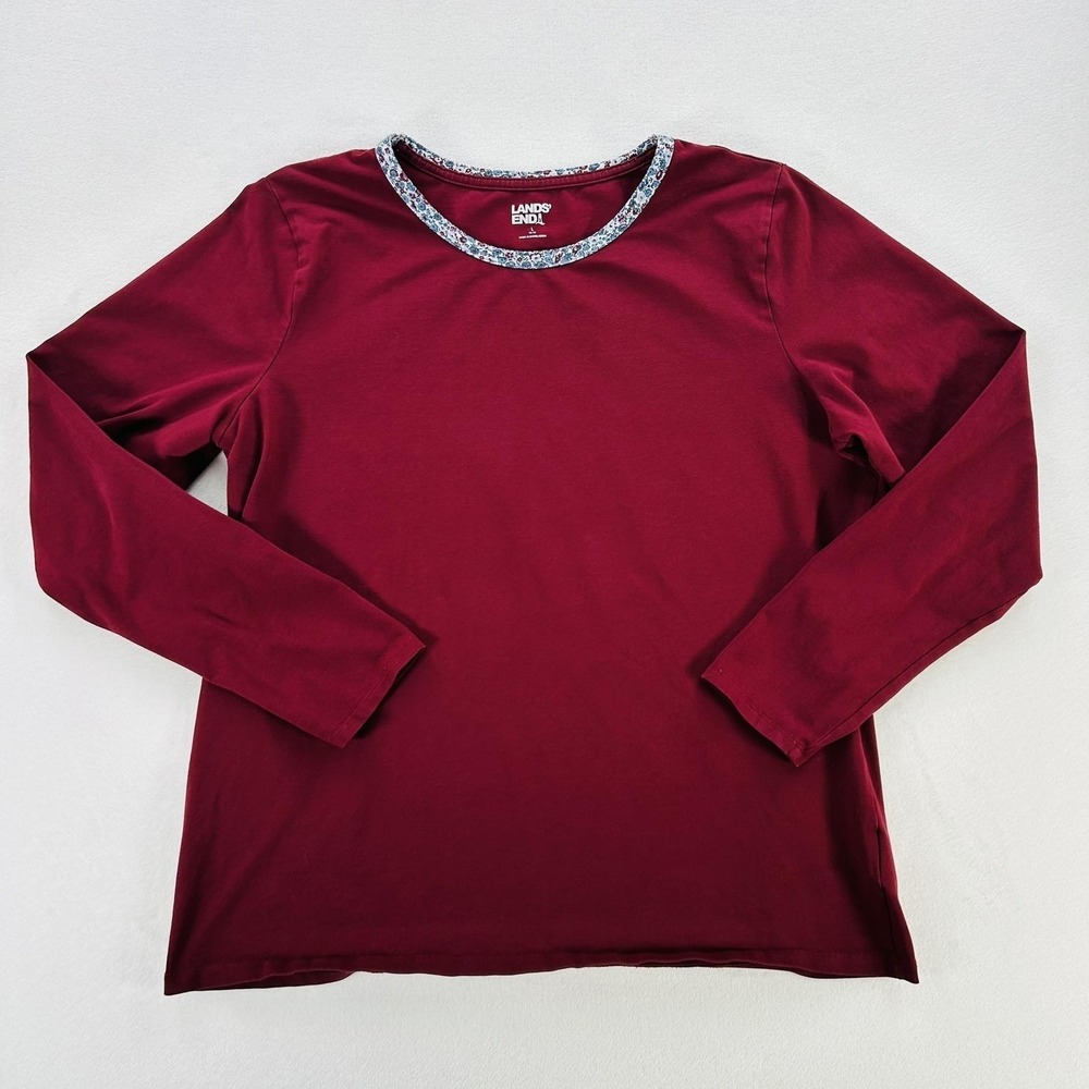 Lands End Shirt Womens Large 14-16 Red Floral Neck Long Sleeve Cotton Tee